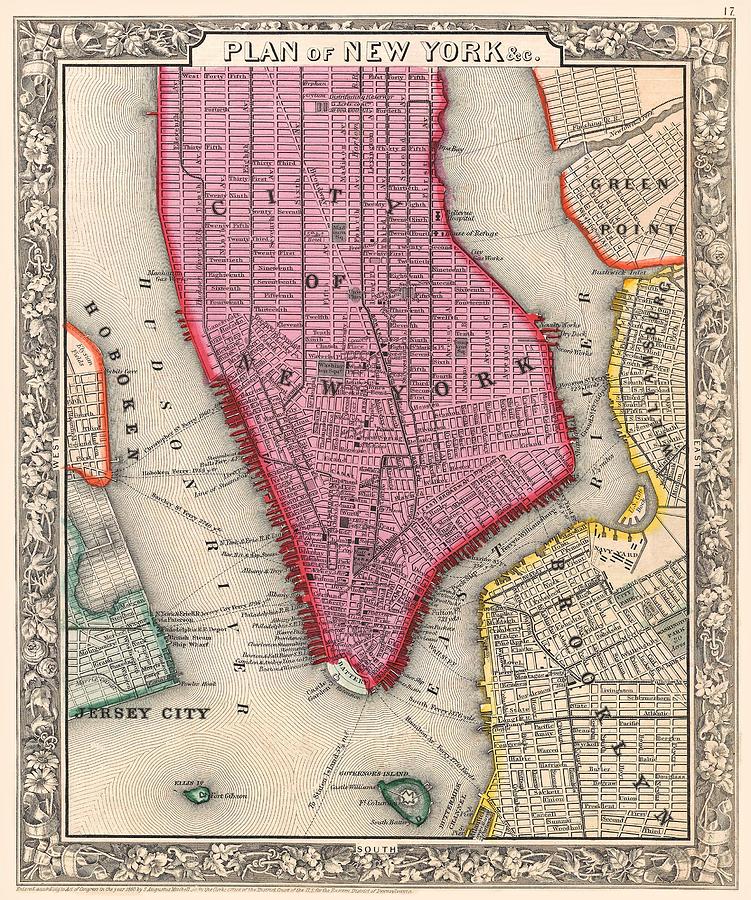 New York City Drawing - New York City 1860 Map by Movie Poster Prints