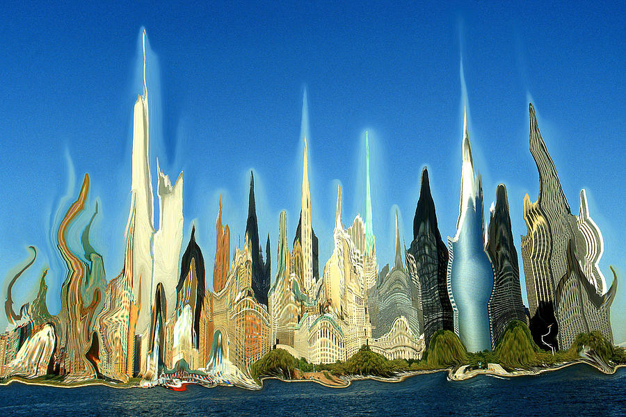 New York City Skyline 2100 - Modern Artwork Painting by Peter Potter