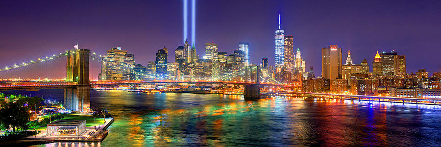 New York City Brooklyn Bridge Tribute in Lights Freedom Tower World Trade Center WTC Manhattan NYC Photograph by Jon Holiday