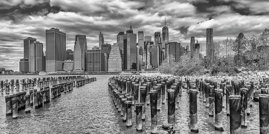 NEW YORK CITY Brooklyn Riverside View - Panorama Monochrome Photograph by Melanie Viola