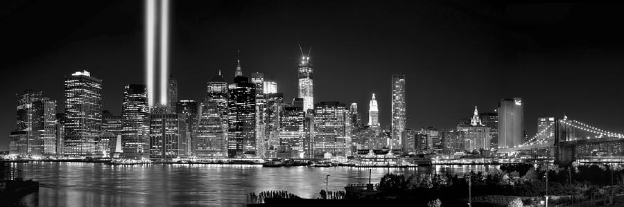 New York City Bw Tribute In Lights And Lower Manhattan At Night Black And White Nyc Photograph By Jon Holiday