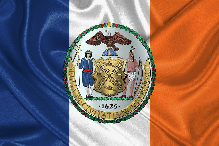 New York City Coat of Arms - City of New York Seal over N Y C Flag Digital Art by Serge Averbukh