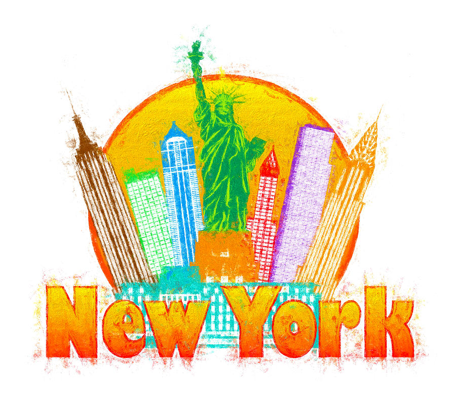 New York City Colorful Skyline in Circle Impressionist Illustrat ...