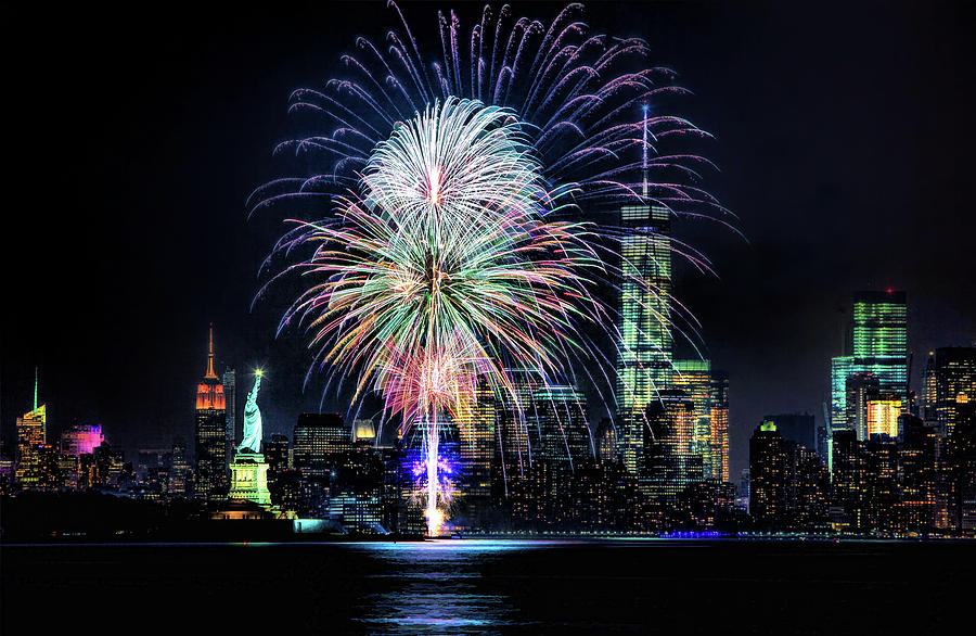 New York City Harbor Fireworks Painting by Christopher Arndt