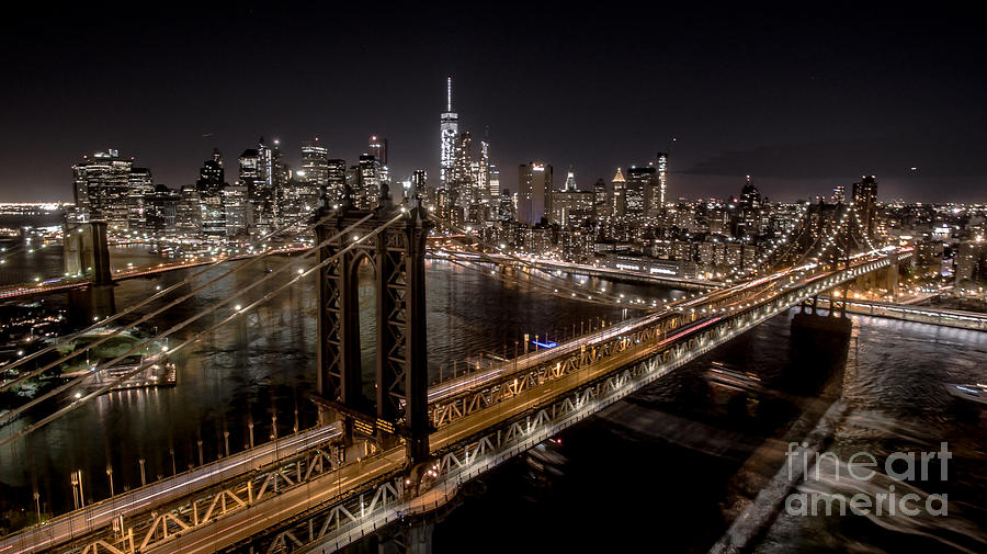 New York City, Manhattan Bridge at Night Photograph by Mike Gearin