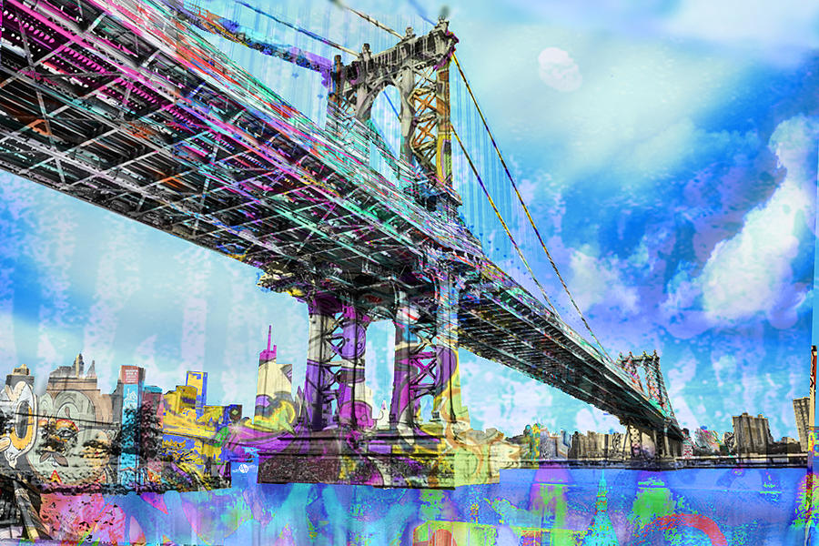 New York City Manhattan Bridge Blue Painting by Tony Rubino