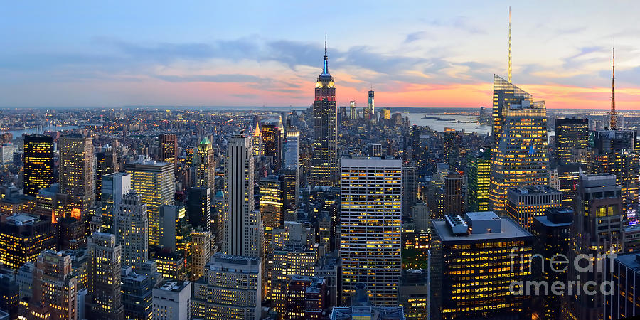 New York City Skyline Photograph - New York City Manhattan Empire State Building at Dusk NYC Panorama by Jon Holiday