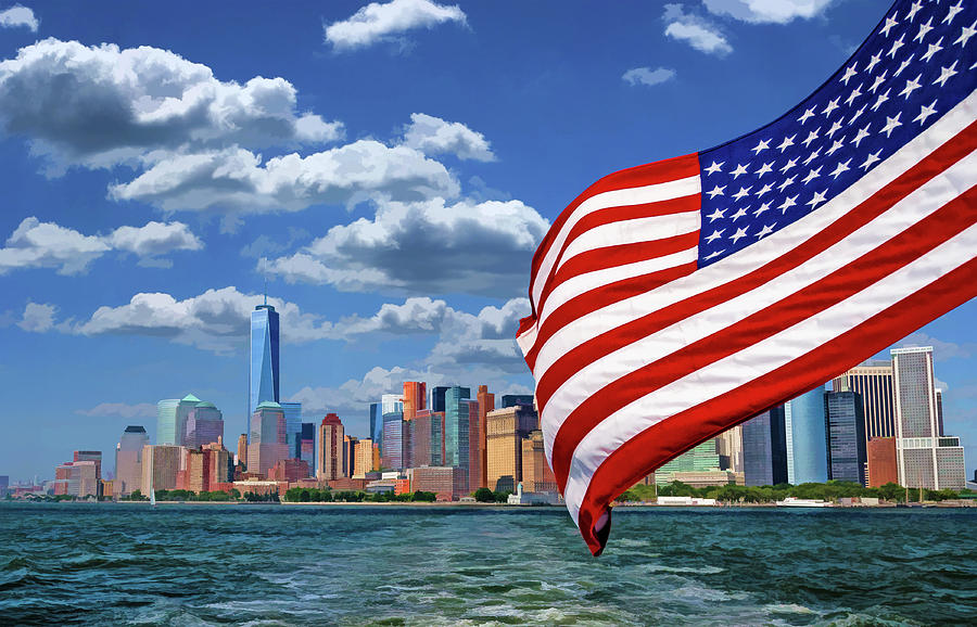 New York City Manhattan Skyline Ferry Flag Painting by Christopher Arndt