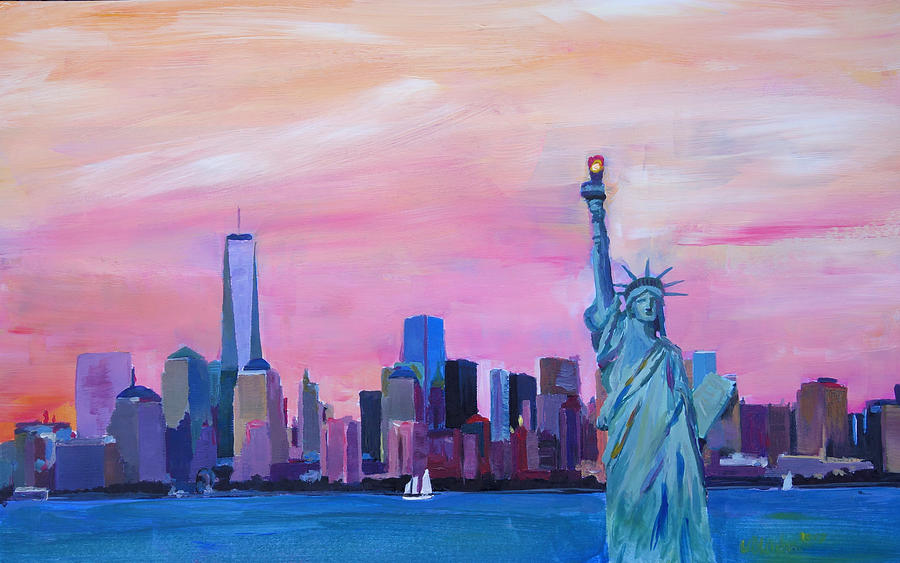 New York City - Manhattan Skyline with Downtown World Trade Center One and  Statue of Liberty by M Bleichner