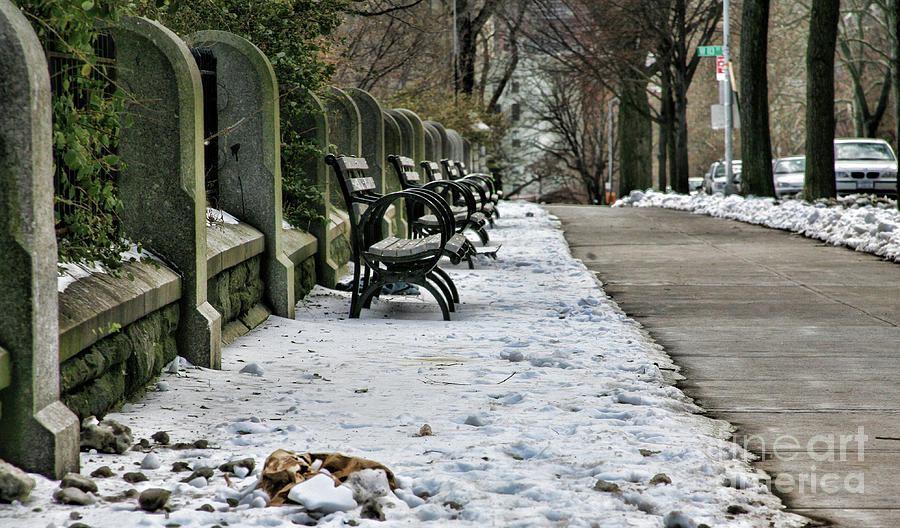 Winter Photograph - New York City Parks Snow Winter Bench  by Chuck Kuhn