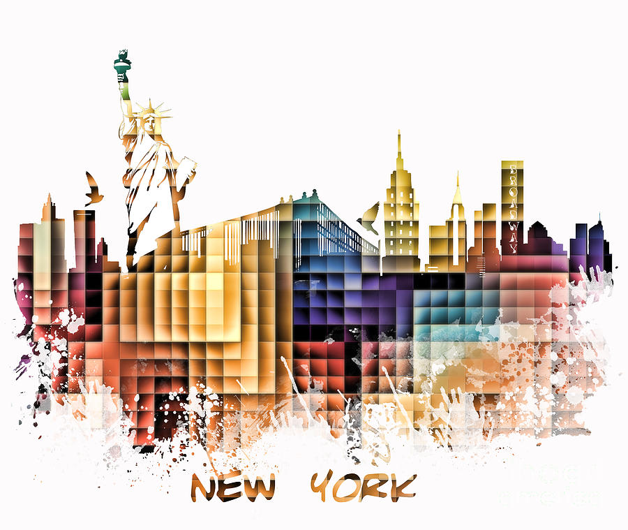 New York City Skyline Gold Cube Digital Art