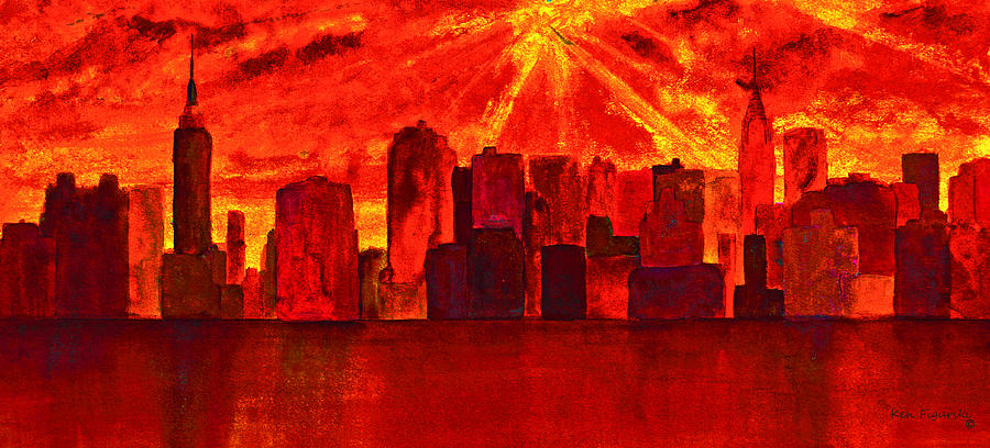 New York City Skyline Golden Sunrise Painting by Ken Figurski