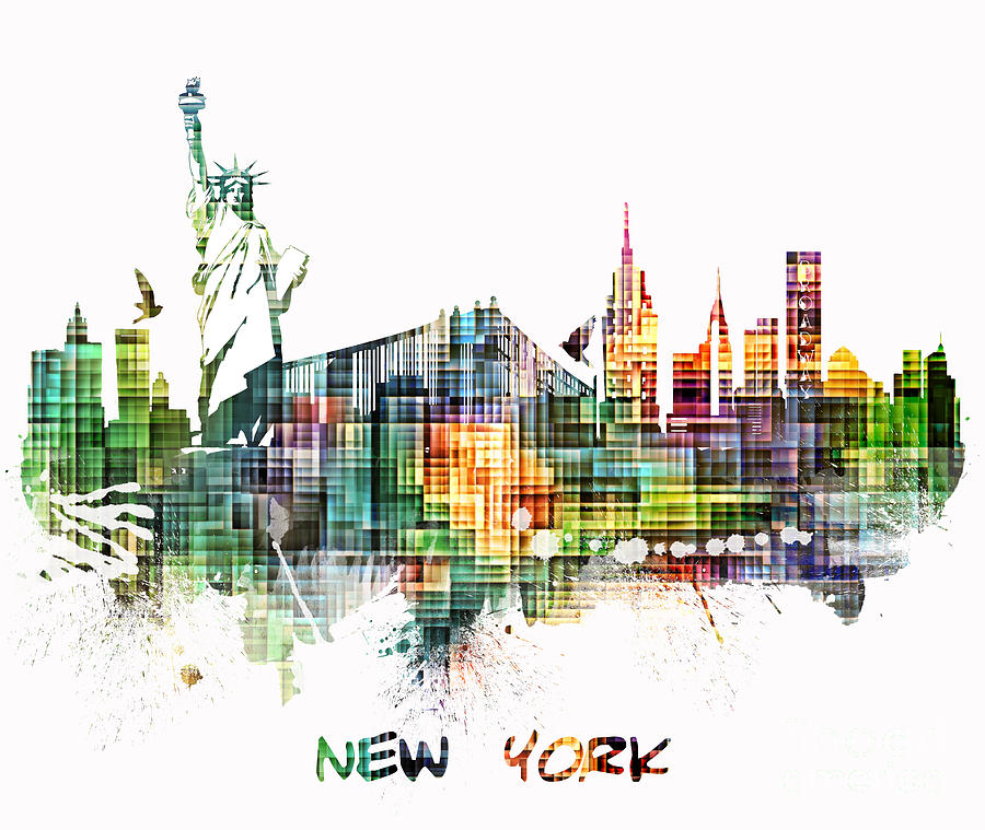 New York City Skyline Green Colored Cube Digital Art