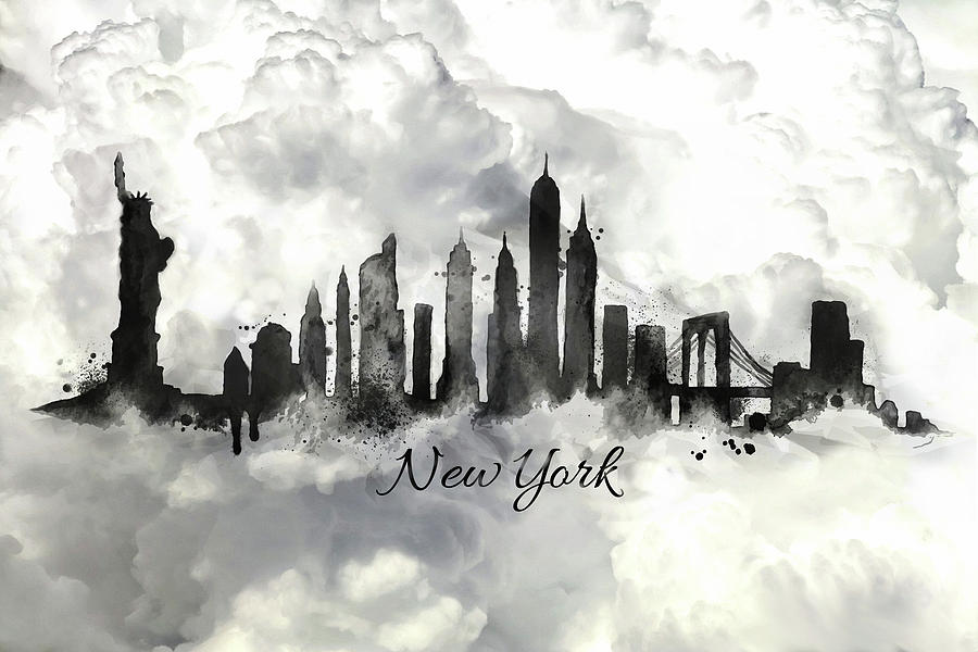 New York city skyline in the black and white Painting by Lilia S