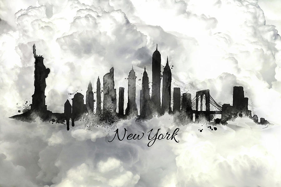 New York city skyline in the black and white Painting by Lilia D