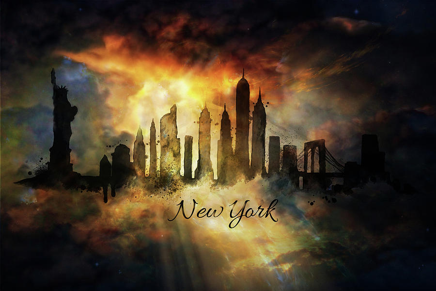 New York city Skyline in the clouds Painting by Lilia D