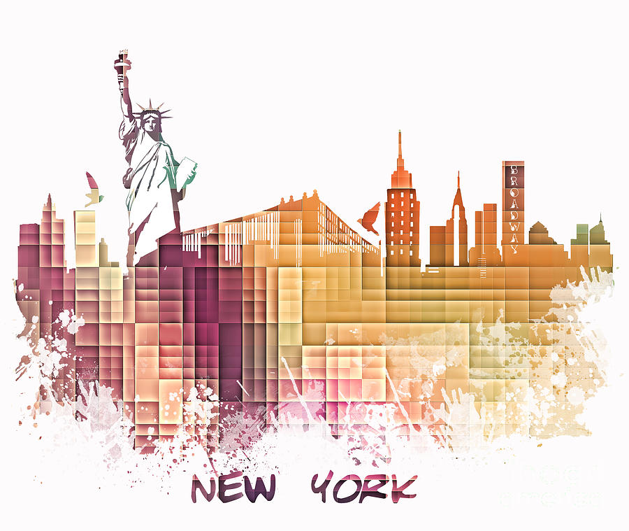 New York city Skyline orange cube Digital Art by Justyna Jaszke JBJart