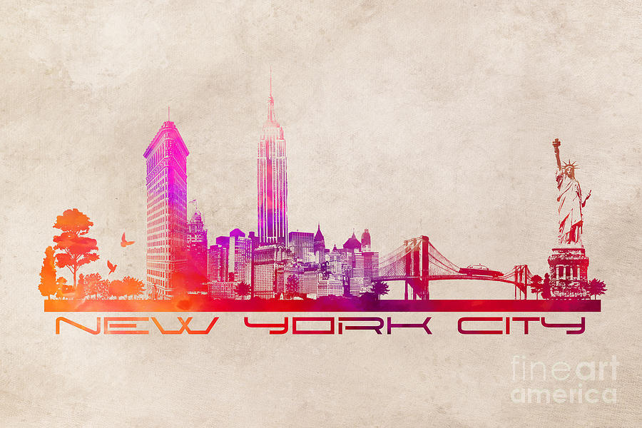 New York City skyline purple Digital Art by Justyna Jaszke JBJart