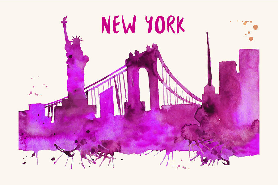 New York City Skyline Watercolor Poster Painting by Beautify My Walls