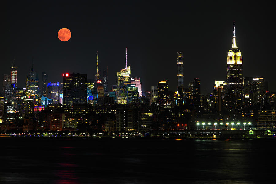 New York City sSkyline with Empire State Building and Full Moon Photograph by Juergen Roth