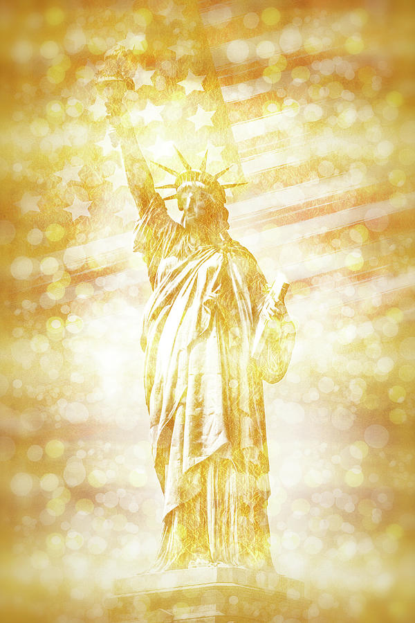 NEW YORK CITY Statue of Liberty with American Banner - golden painting Digital Art by Melanie Viola