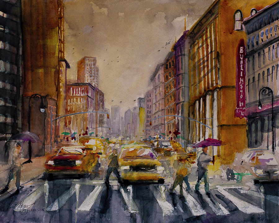 New York Cityscape Rainy Morning Commute Painting