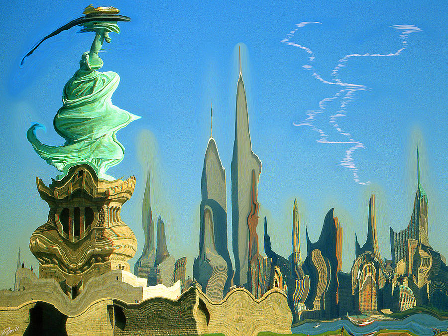 New York Fantasy Skyline - Modern Artwork Painting by Peter Potter
