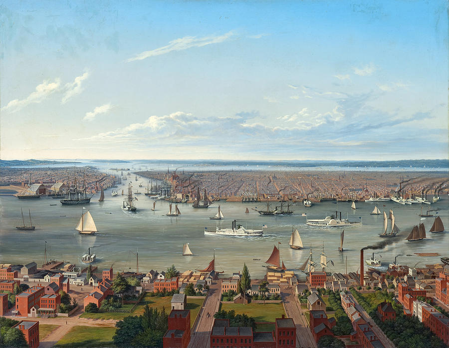 New York from Long Island Painting by Hubert Sattler