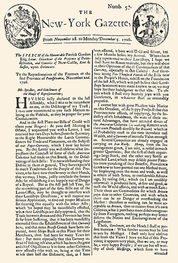 New York Gazette, 1726 Photograph by Granger
