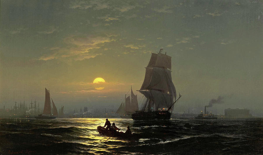 New York Harbor in Moonlight Painting by Edward Moran