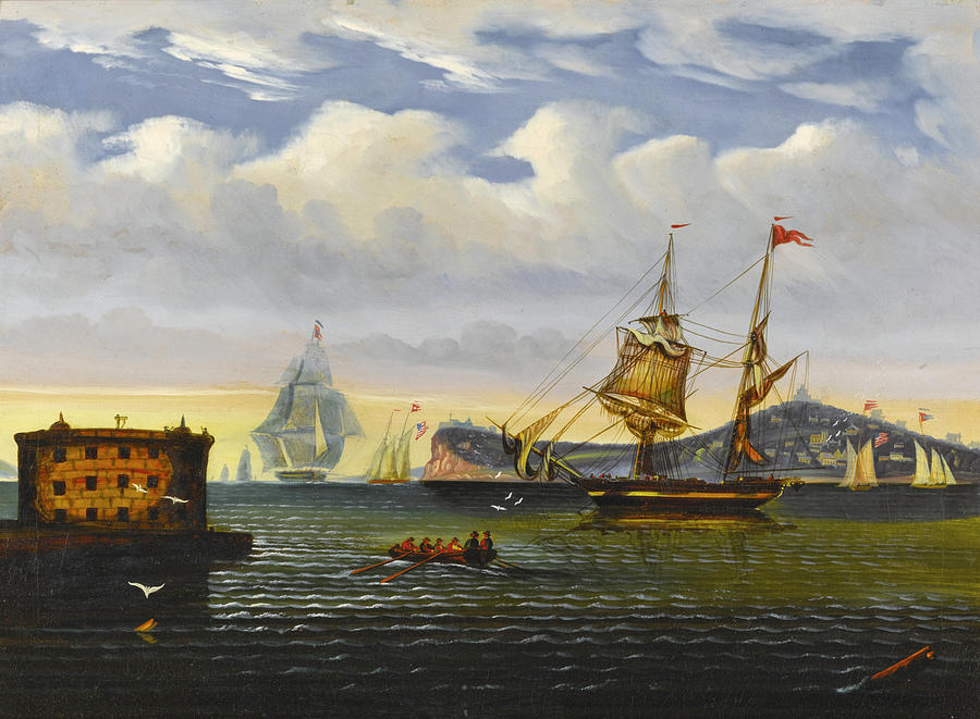 New York Harbor with Castle Garden and Ships Painting by Thomas Chambers