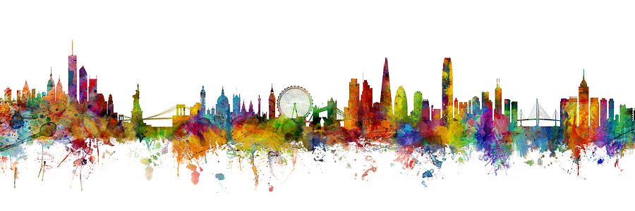 New York, London and Hong Kong Skyline Mashup Digital Art by Michael Tompsett