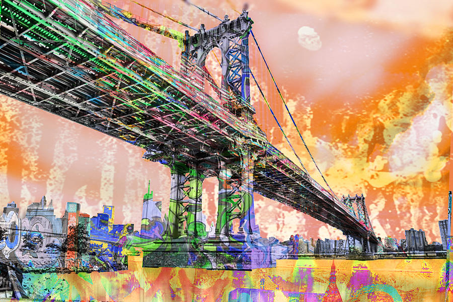 Vintage Painting - New York City Manhattan Bridge Gold by Tony Rubino
