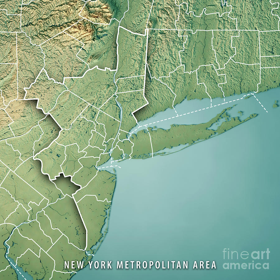 New York Metropolitan Area Usa 3d Render Topographic Map Border Digital