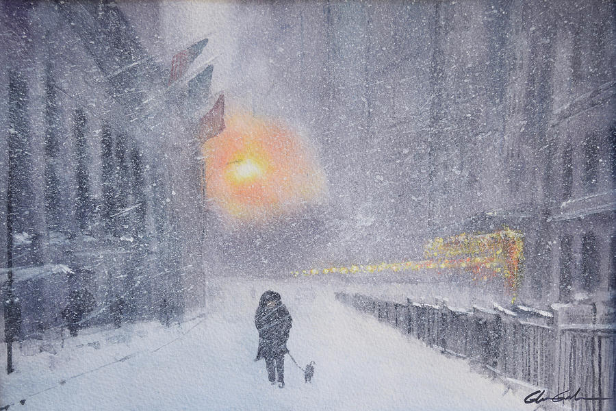 New York Quiet Snowy Walk Painting by Glenn Galen