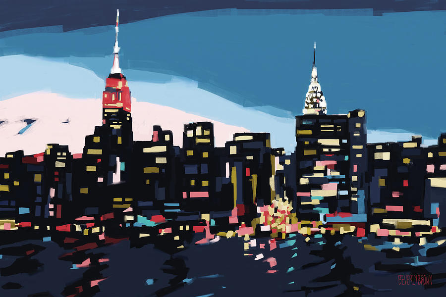 New York Painting - New York Skyline at Dusk in Navy Blue Teal and Pink by Beverly Brown