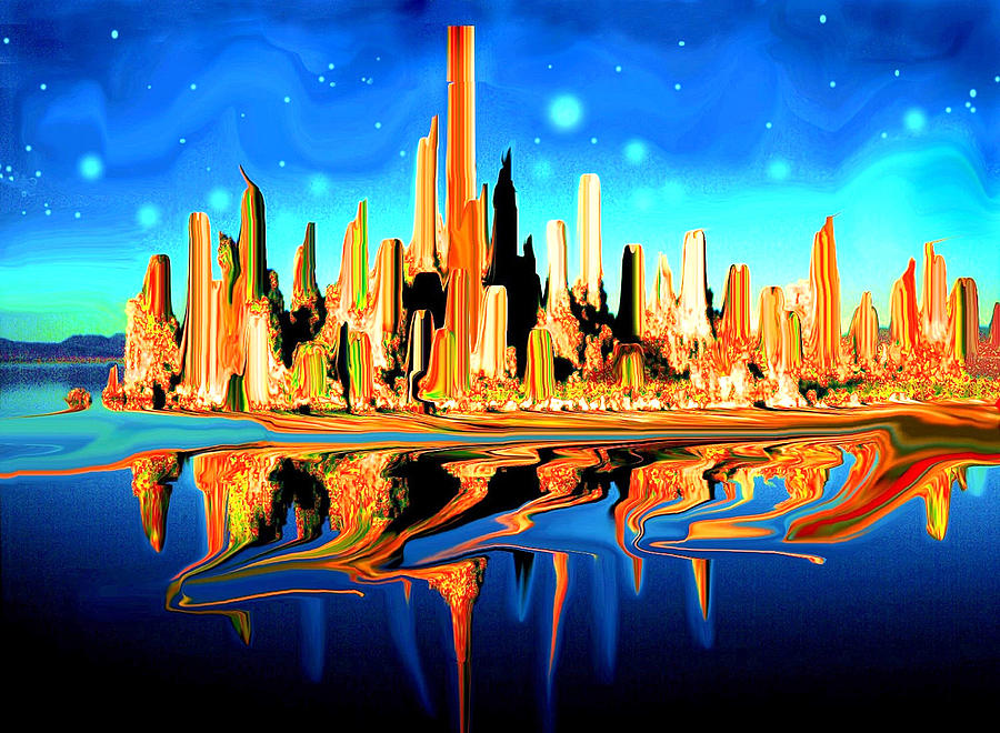 New York Skyline in Blue Orange - Modern Fantasy Art Painting by Peter Potter