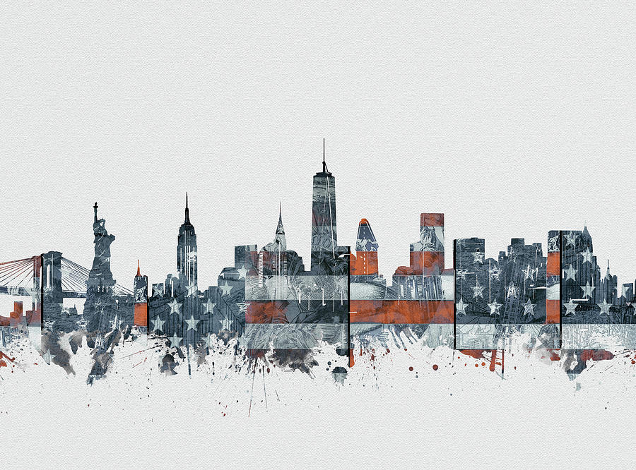 New York Skyline Usa Flag 2 Digital Art