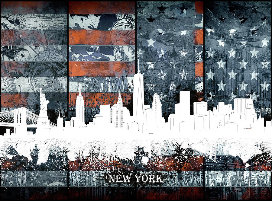 New York Skyline Usa Flag 3 Digital Art