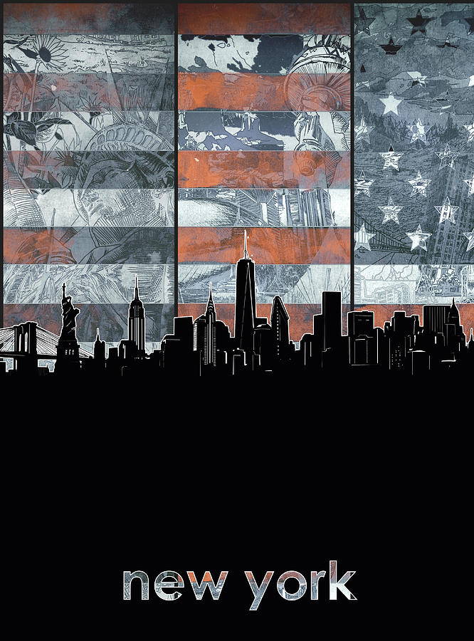 New York Skyline Usa Flag 5 Digital Art