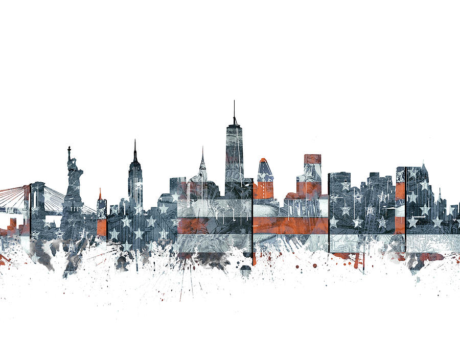 New York Skyline Usa Flag Digital Art