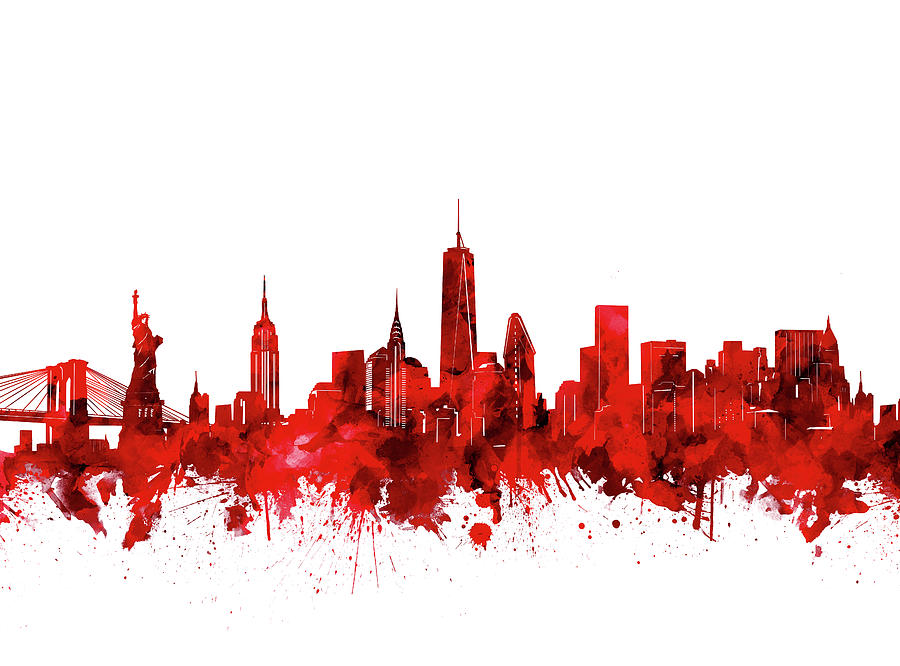 New York Skyline Waterocolor Red Digital Art