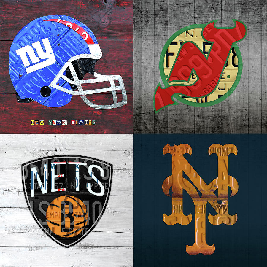 New York Sports License Plate Art Collage Mets Nets Jets Islanders Wood  Print