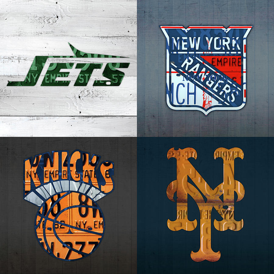 Sports Mixed Media - New York Sports Team License Plate Art Collage Jets Rangers Knicks Mets V2 by Design Turnpike