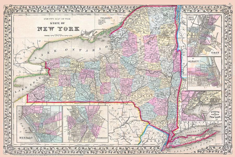 New York State 1867 Map Drawing by Movie Poster Prints