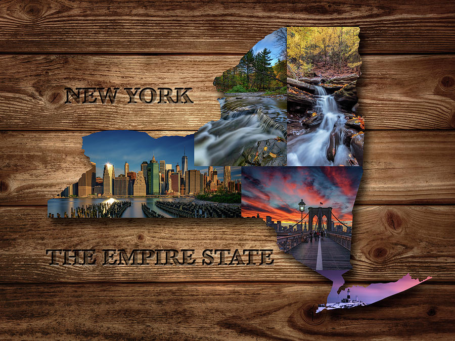 Brooklyn Bridge Photograph - New York State Map Collage by Rick Berk