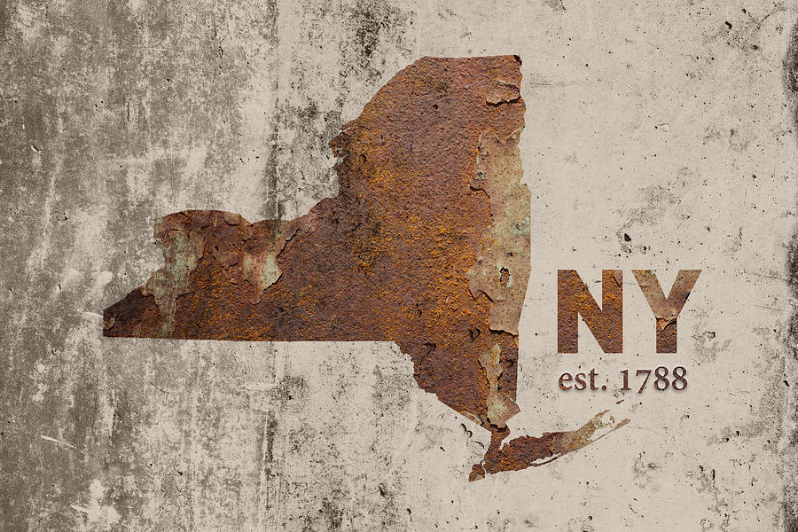 New York City Mixed Media - New York State Map Industrial Rusted Metal on Cement Wall with Founding Date Series 025 by Design Turnpike