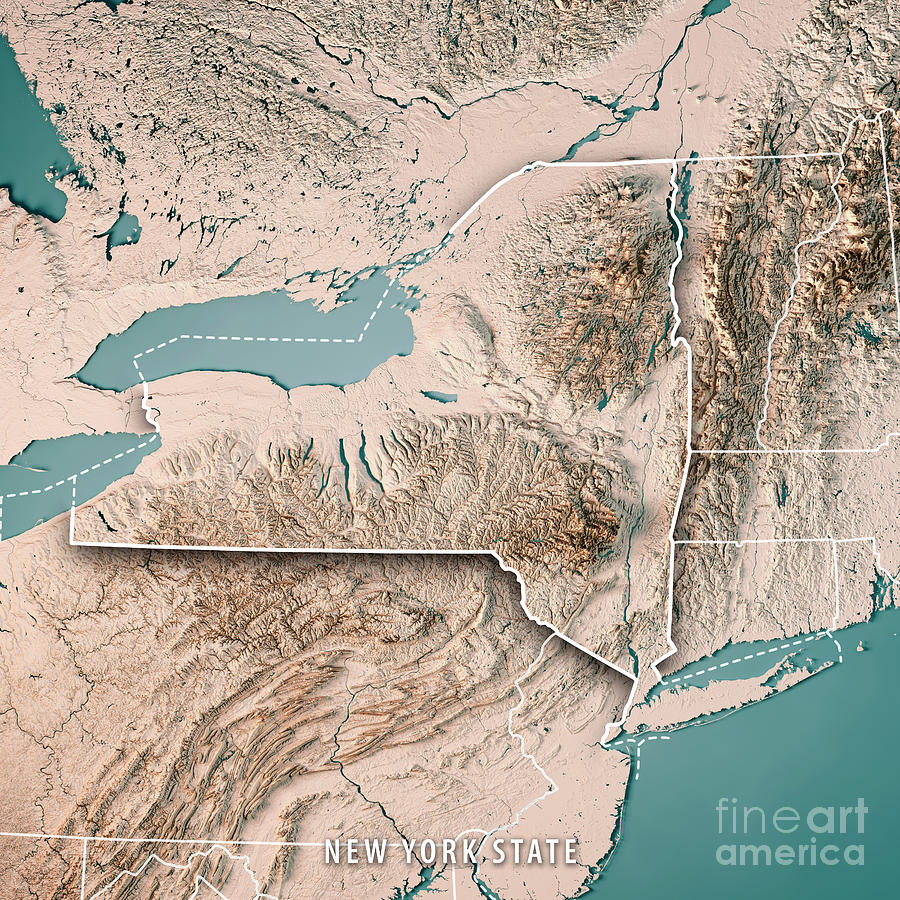 New York State Usa 3d Render Topographic Map Neutral Digital Art By