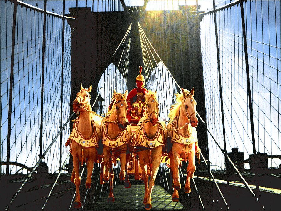 Caesars Horses on Brooklyn Bridge - New York Fantasy Collage Photograph by Peter Potter