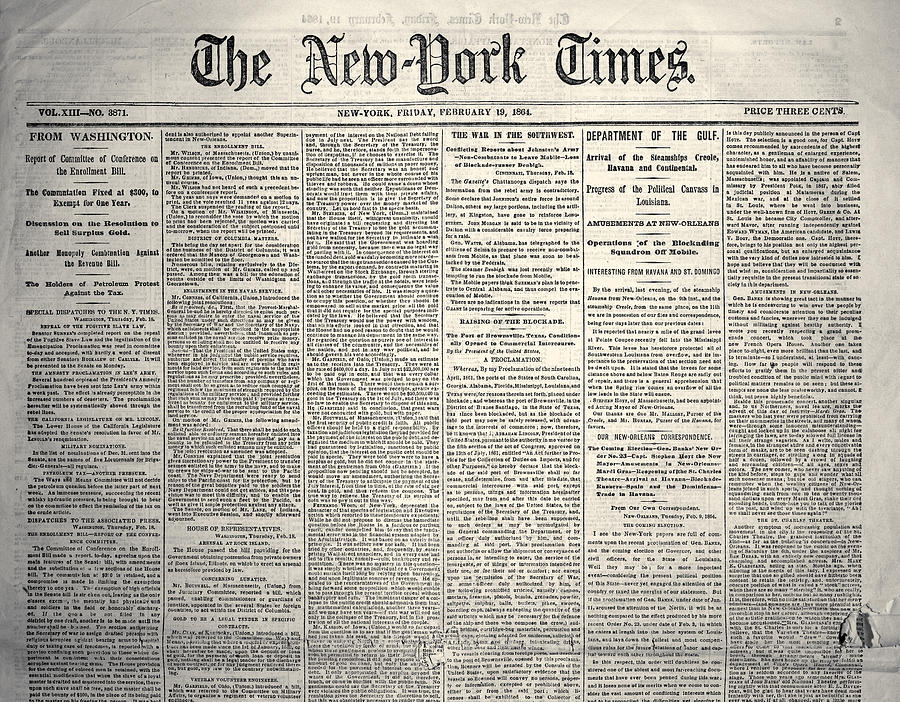 New York Times, 1864 Photograph by Granger